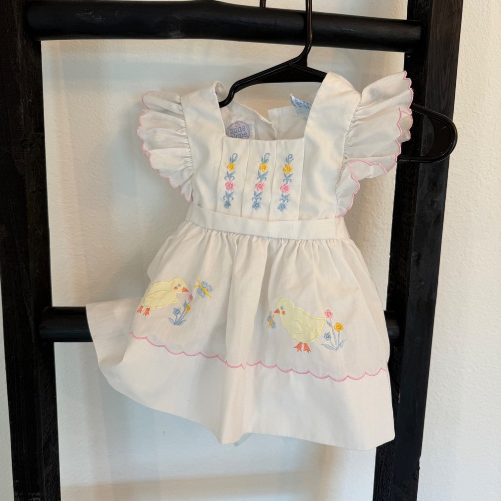 Mine Alone White Baby Dress Easter Chick Embroidery Ruffle Pink Scallop 3-6M